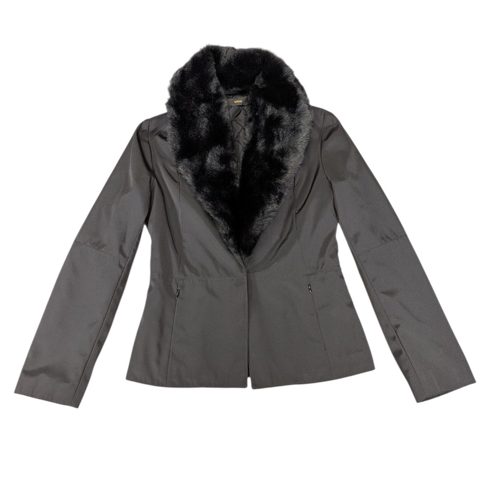 MNG Mango Womens Black Faux Fur Collar Quilted Lined Jacket Size Small 13012068